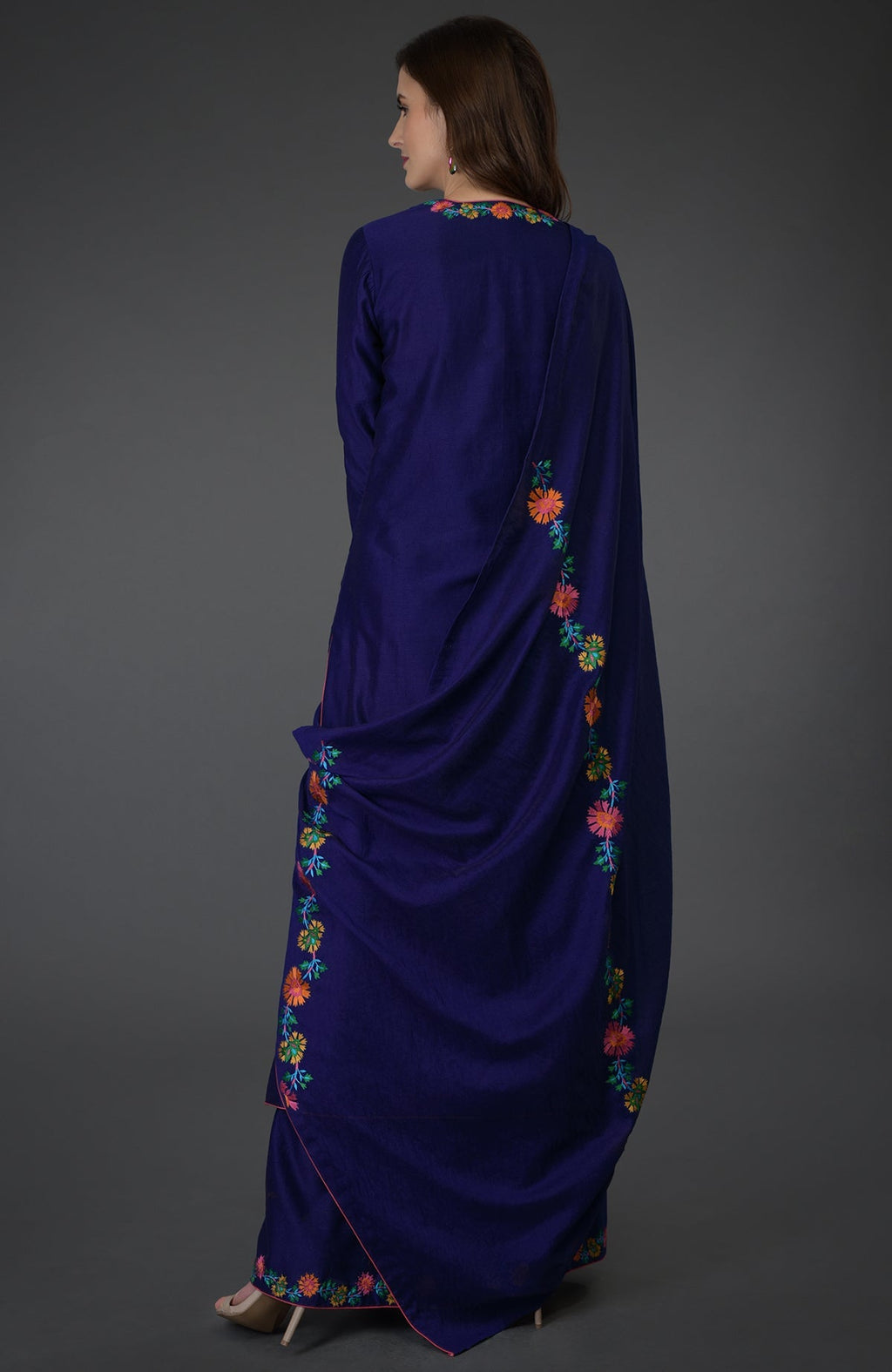 Princess blue Kashmir Bagh inspired Farshi Palazzo Suit with floral embroidery.