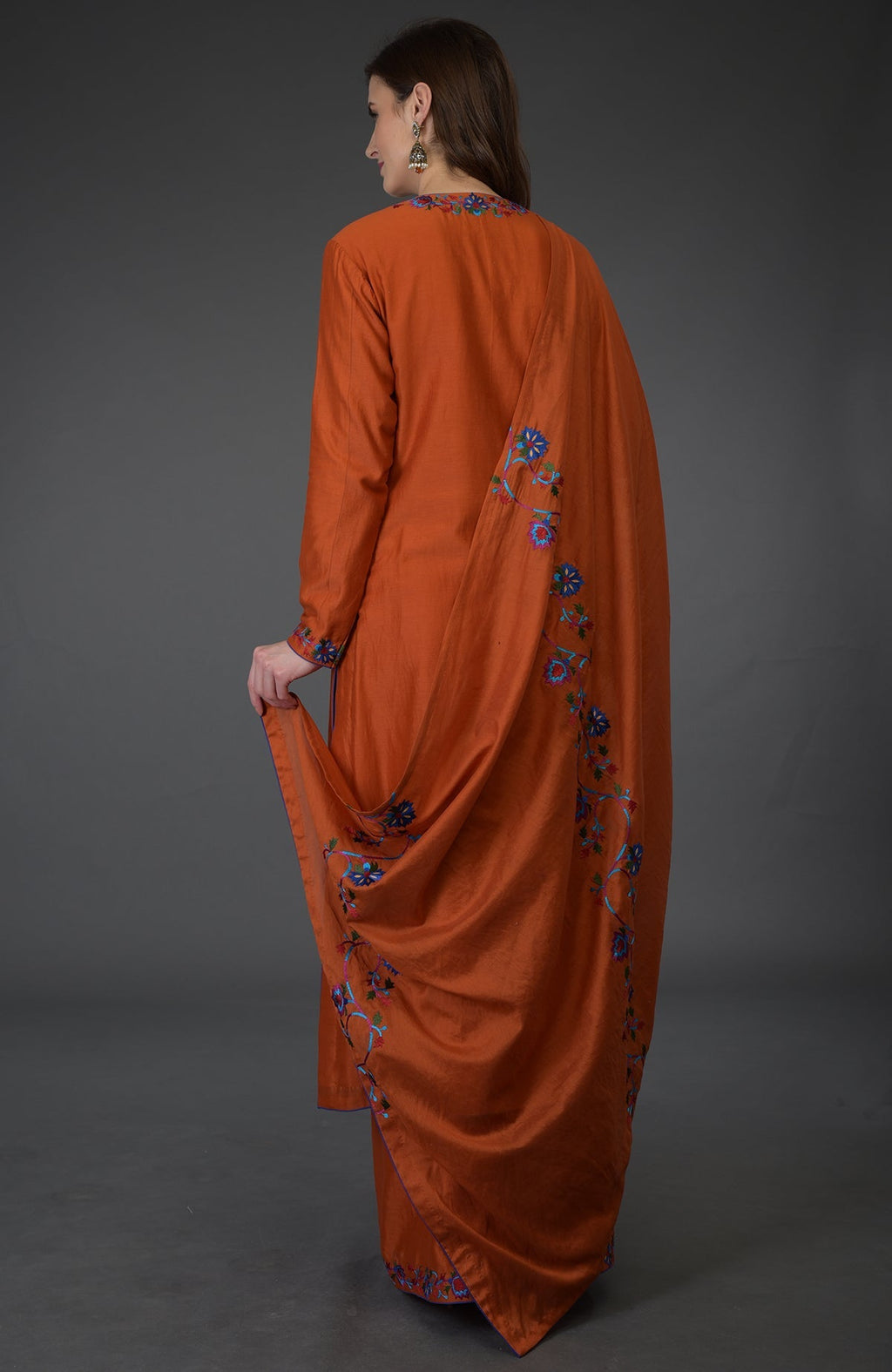 Burnt orange palazzo suit with Kashmir Bagh inspired floral embroidery.