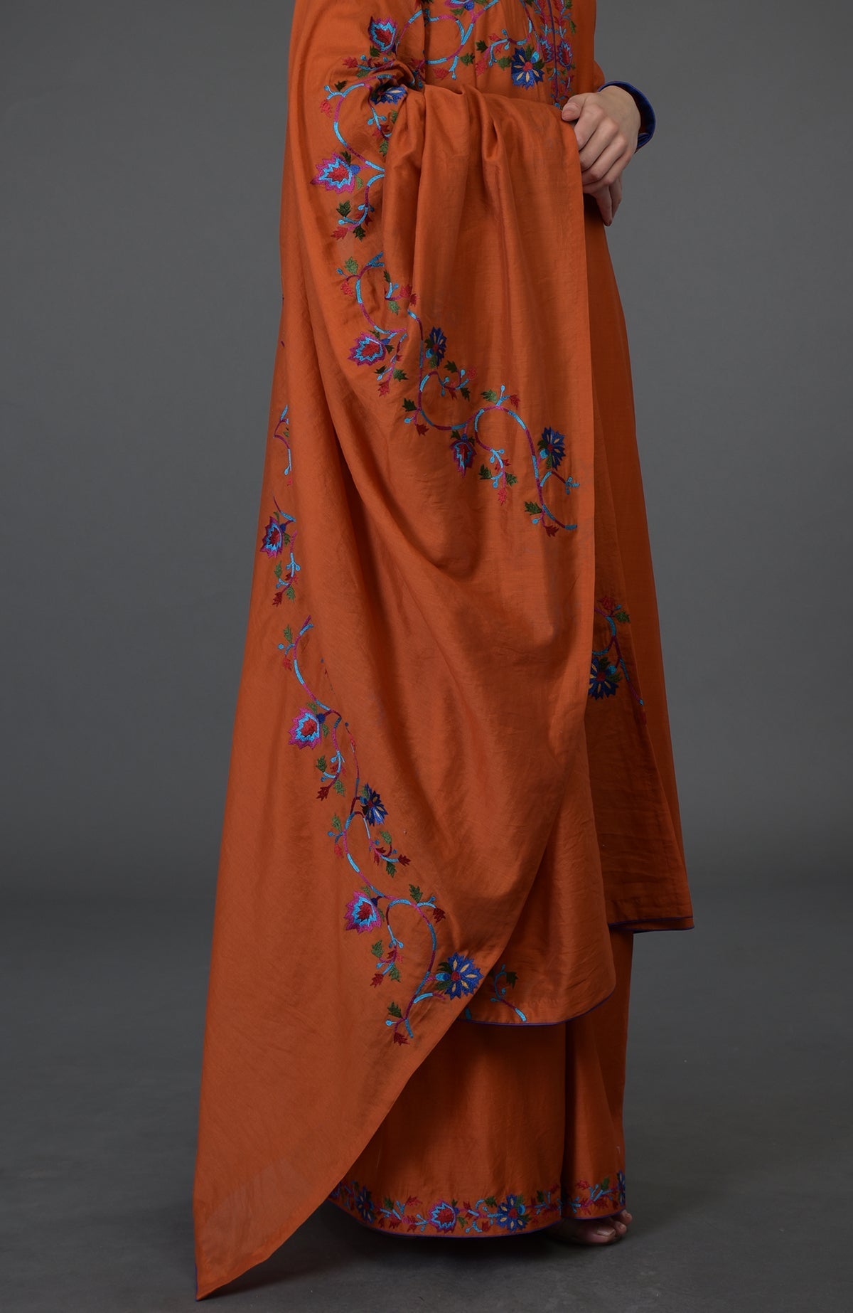 Burnt orange Kashmir Bagh inspired Farshi Palazzo Suit with floral embroidery.