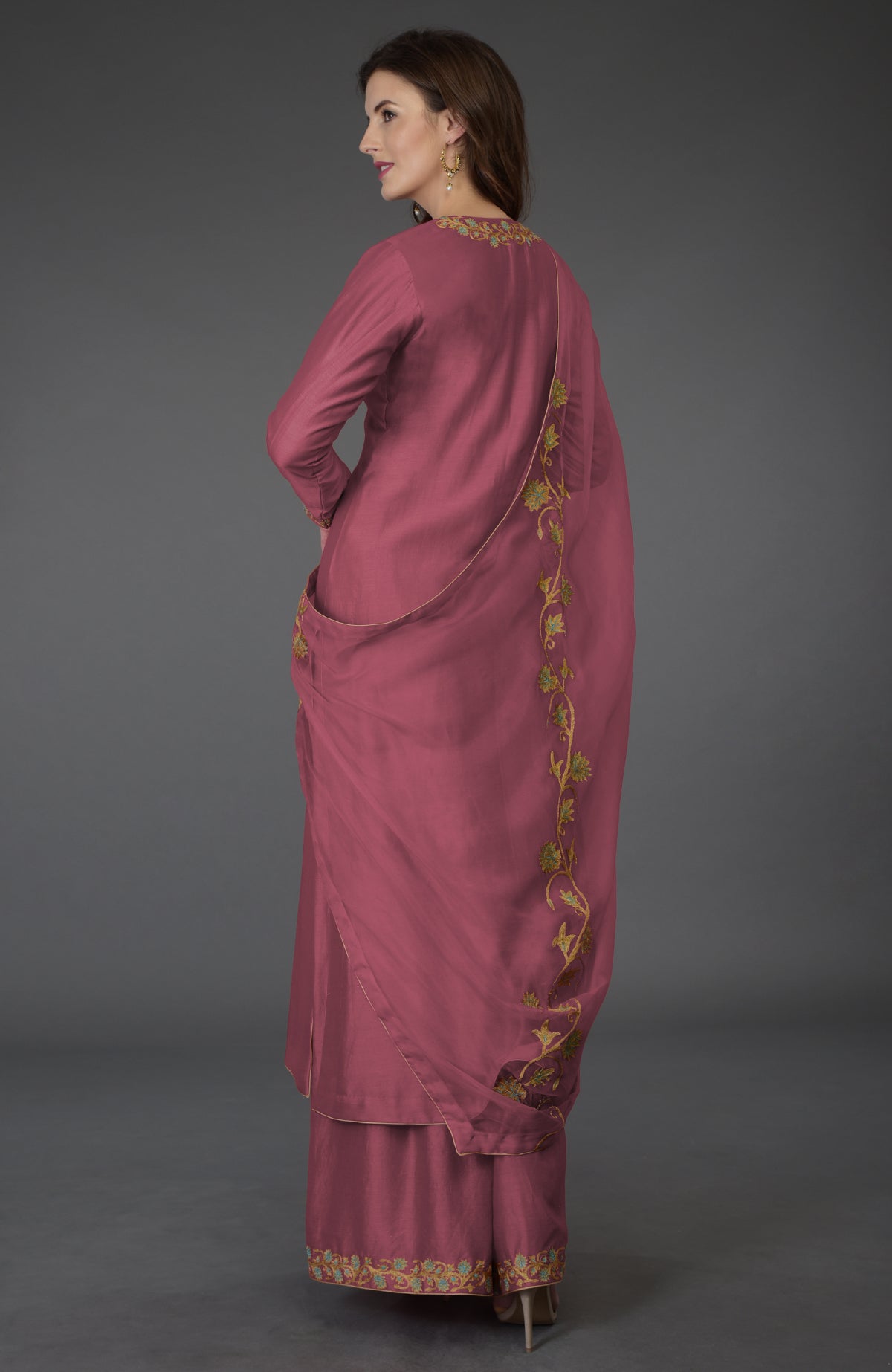 Chianti Resham-Tilla embroidered chanderi kurta with wide leg farshi palazzo and silk organza dupatta