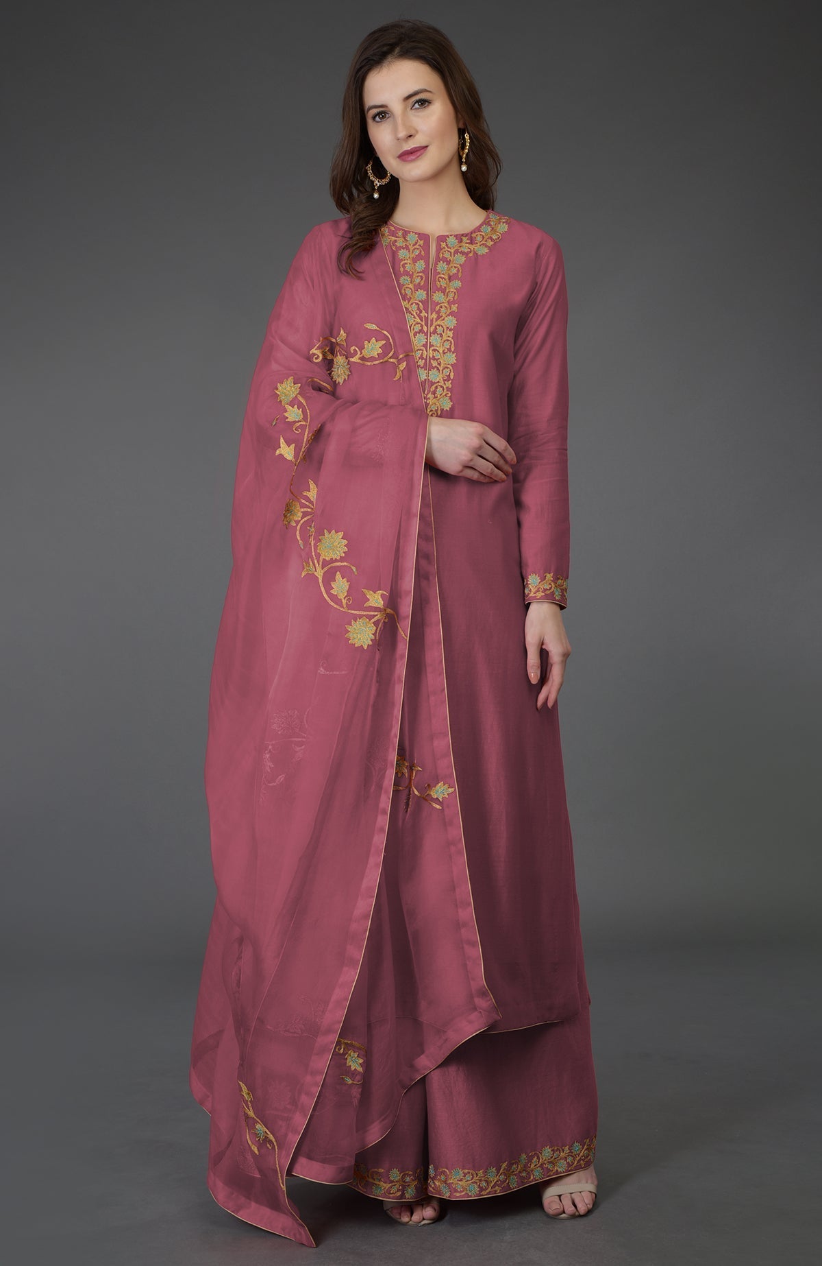 Chianti Resham-Tilla embroidered chanderi kurta with wide leg farshi palazzo and silk organza dupatta