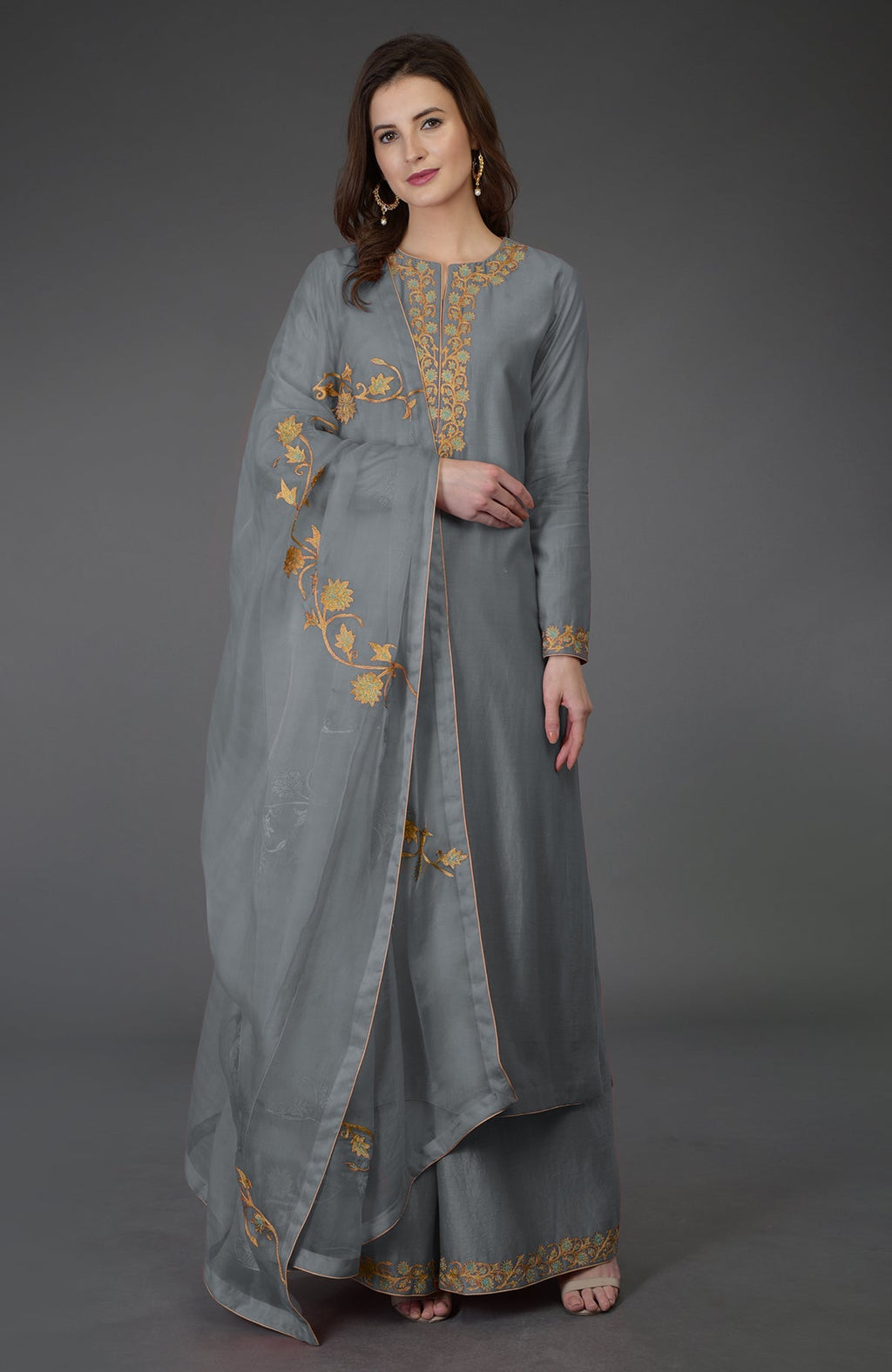 Grey chanderi kurta with resham and gold tilla embroidery paired with wide leg palazzo pants and silk dupatta