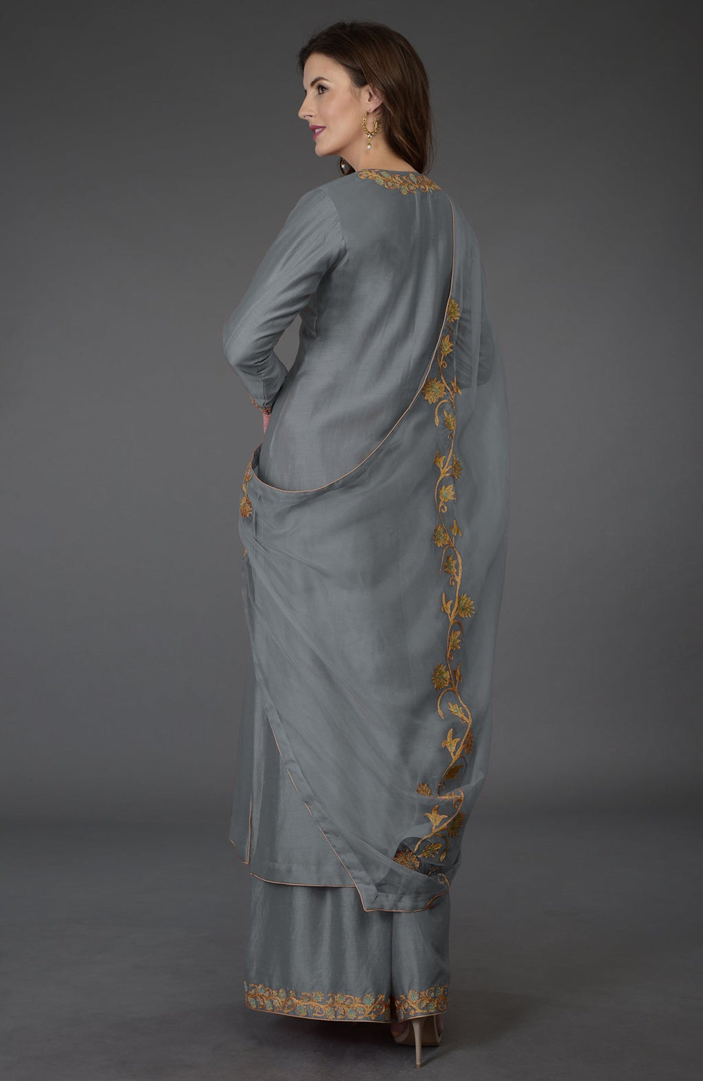 Grey chanderi kurta with resham and gold tilla embroidery paired with wide leg palazzo pants and silk dupatta