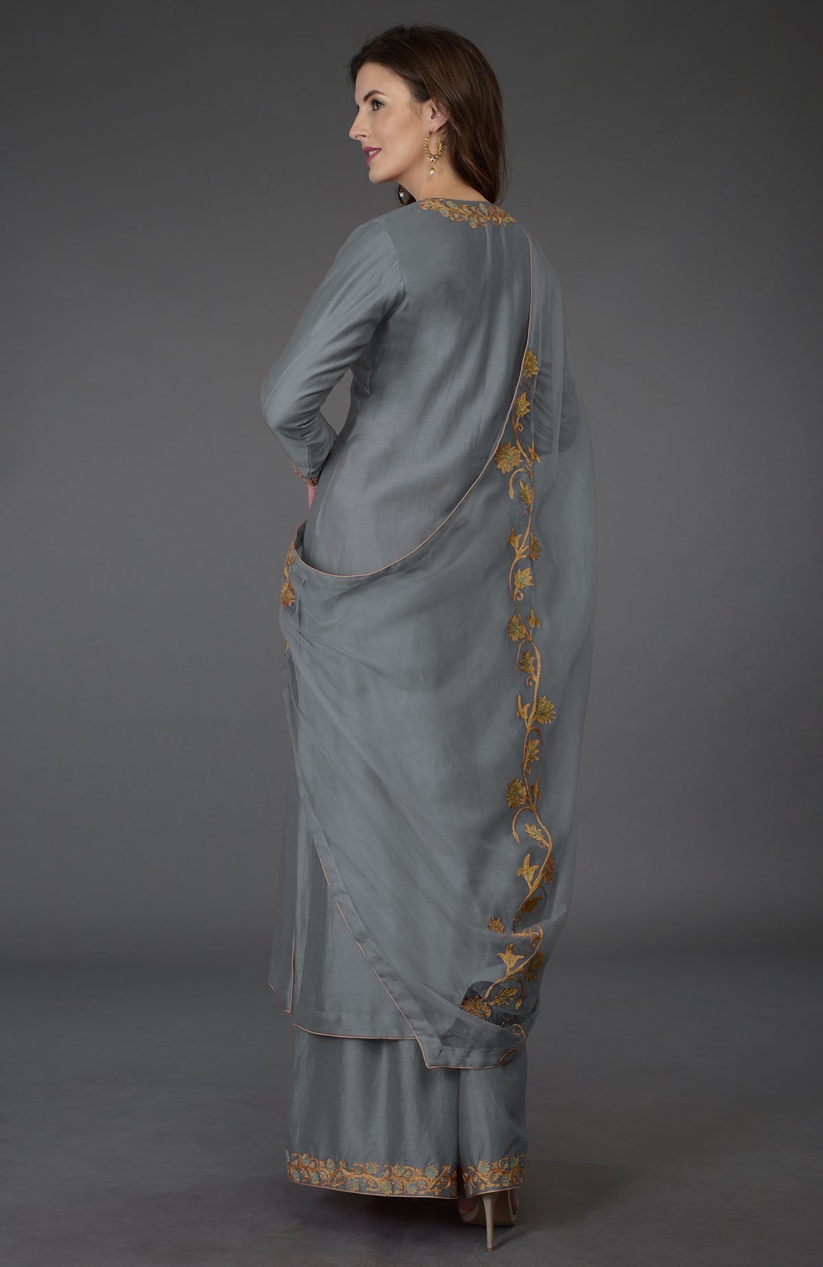 Grey chanderi kurta with resham and gold tilla embroidery paired with wide leg palazzo pants and silk dupatta