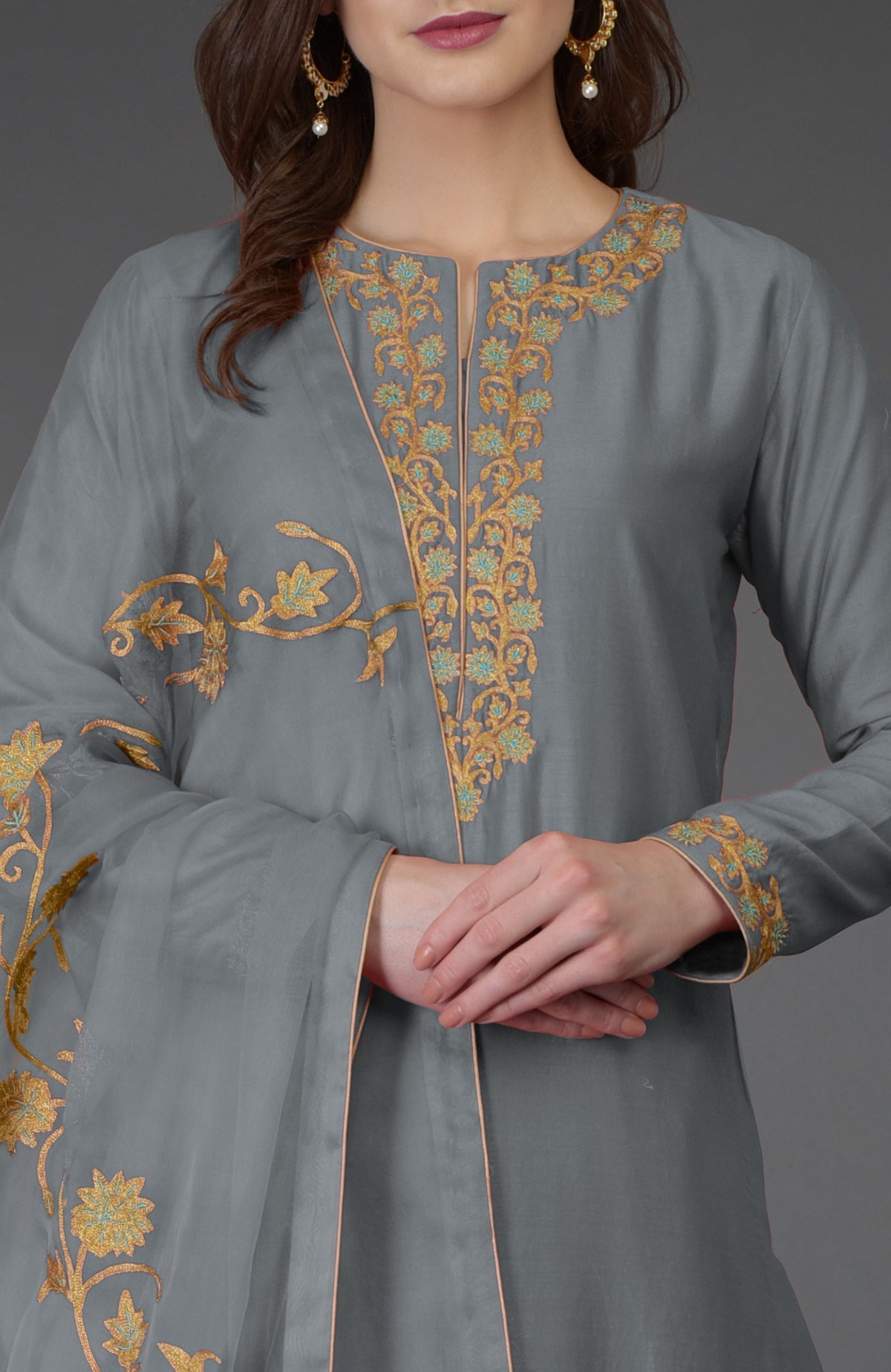 Grey chanderi kurta and wide leg palazzo suit with resham and gold tilla embroidery