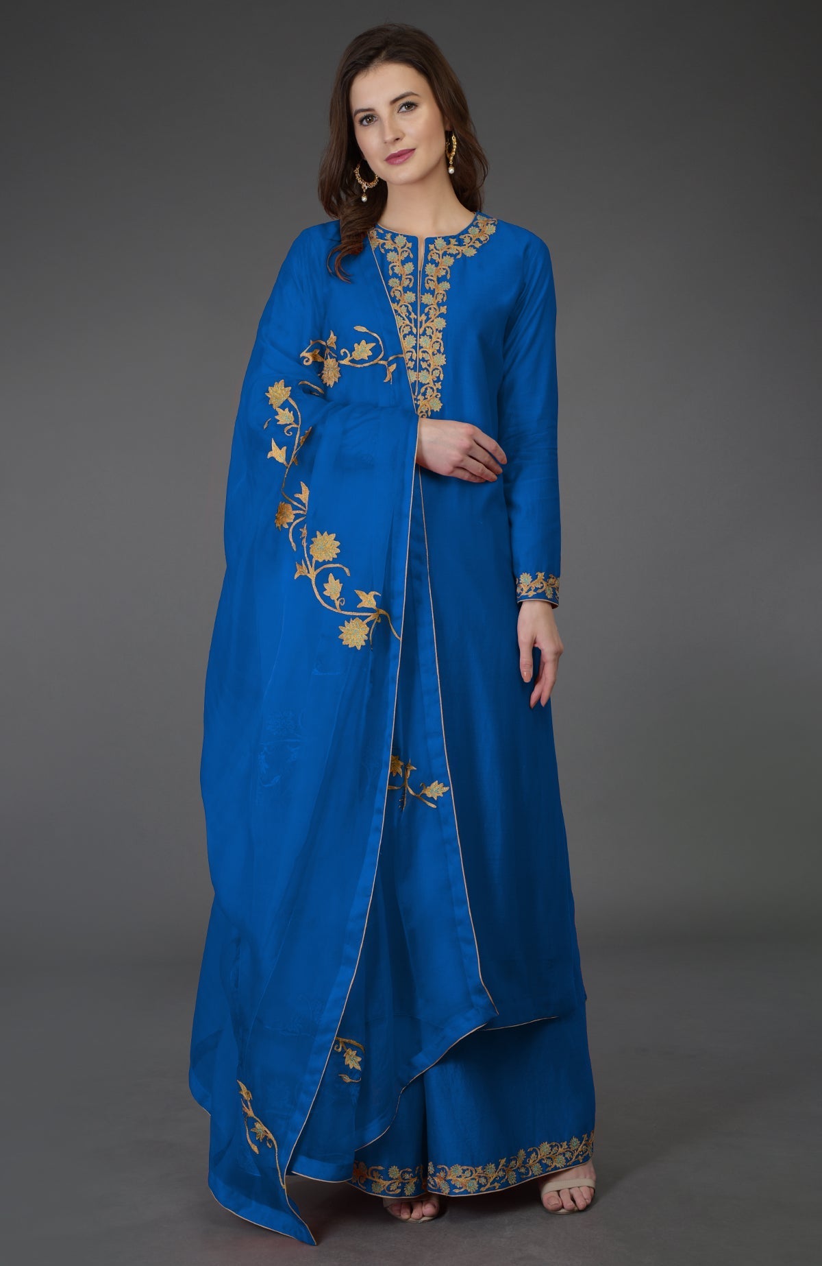 Chianti Resham-Tilla embroidered chanderi kurta with wide leg farshi palazzo and silk organza dupatta.