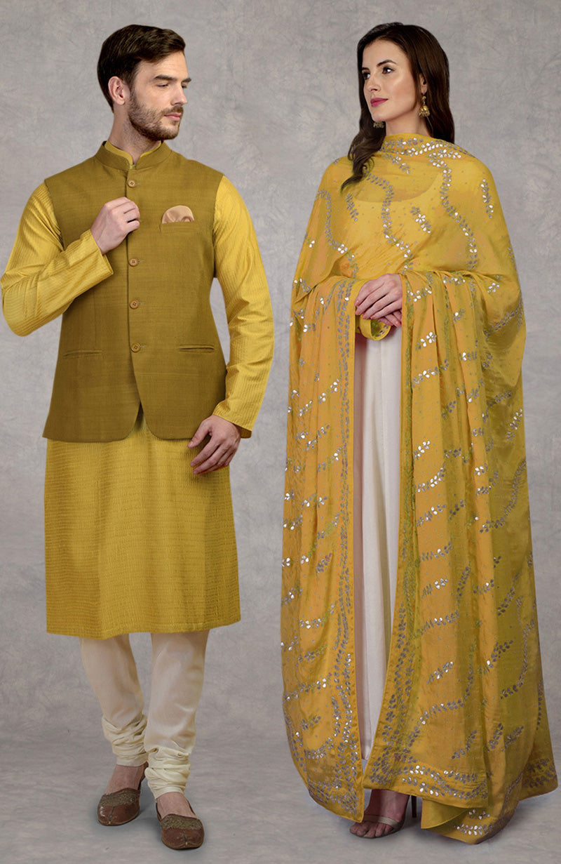 Ivory Anarkali with Mango Mojito dupatta and Sunglow pintuck kurta with mustard waistcoat jacket set