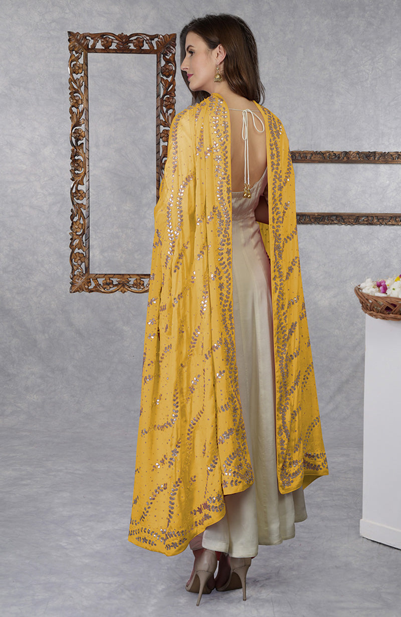 Ivory Anarkali with Mango Mojito dupatta and Sunglow pintuck kurta with mustard waistcoat jacket set