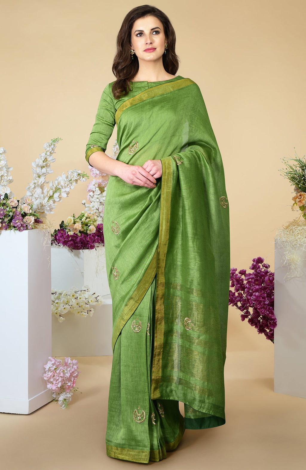 Pepper Stem Zardozi Hand Embroidered Linen Saree.