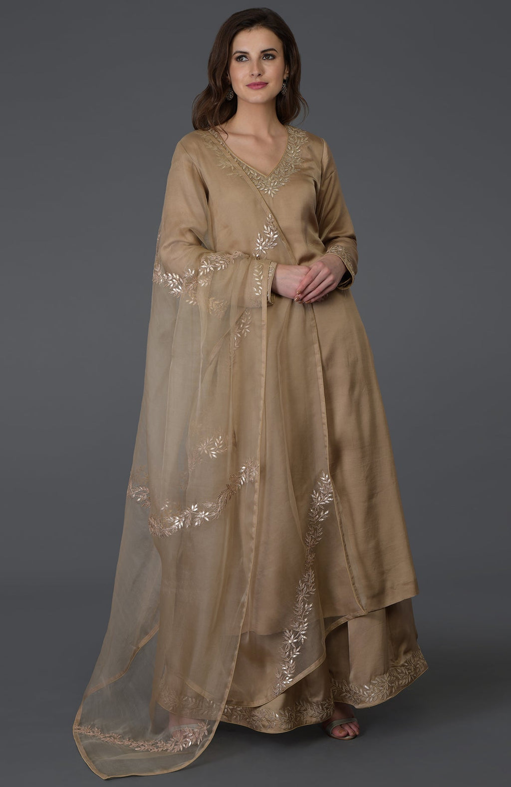 Beige Gota Patti Work Farshi Palazzo Suit with a matching embroidered dupatta.