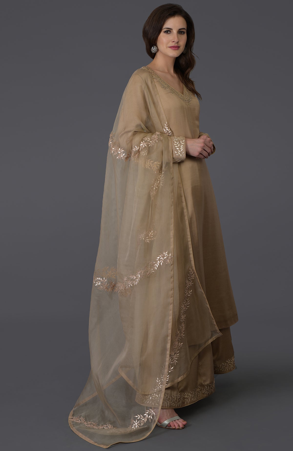 Beige Gota Patti Work Farshi Palazzo Suit with a sheer dupatta.