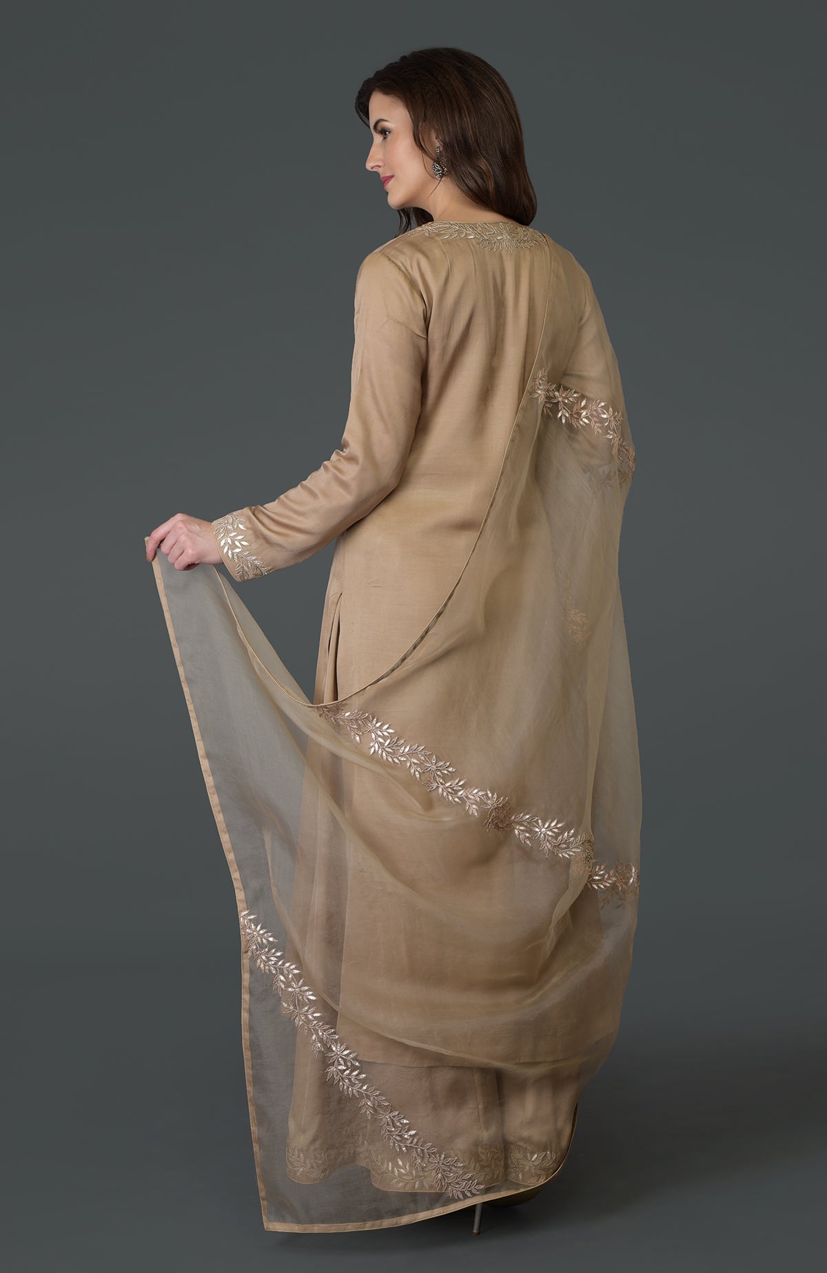 Beige Gota Patti Work Farshi Palazzo Suit with diagonal embroidery on dupatta.