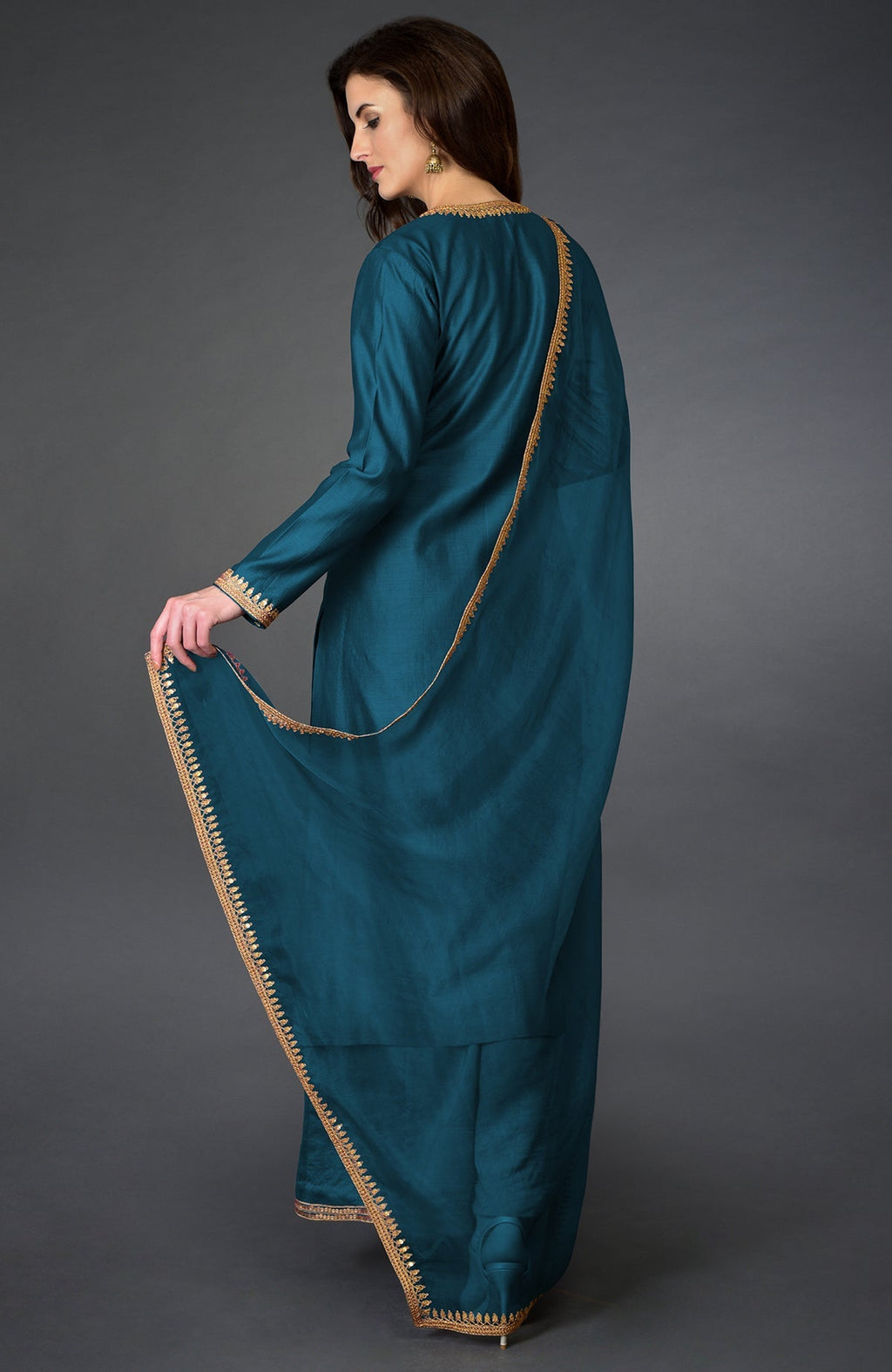 Peacock blue marori and sequin work farshi palazzo suit.