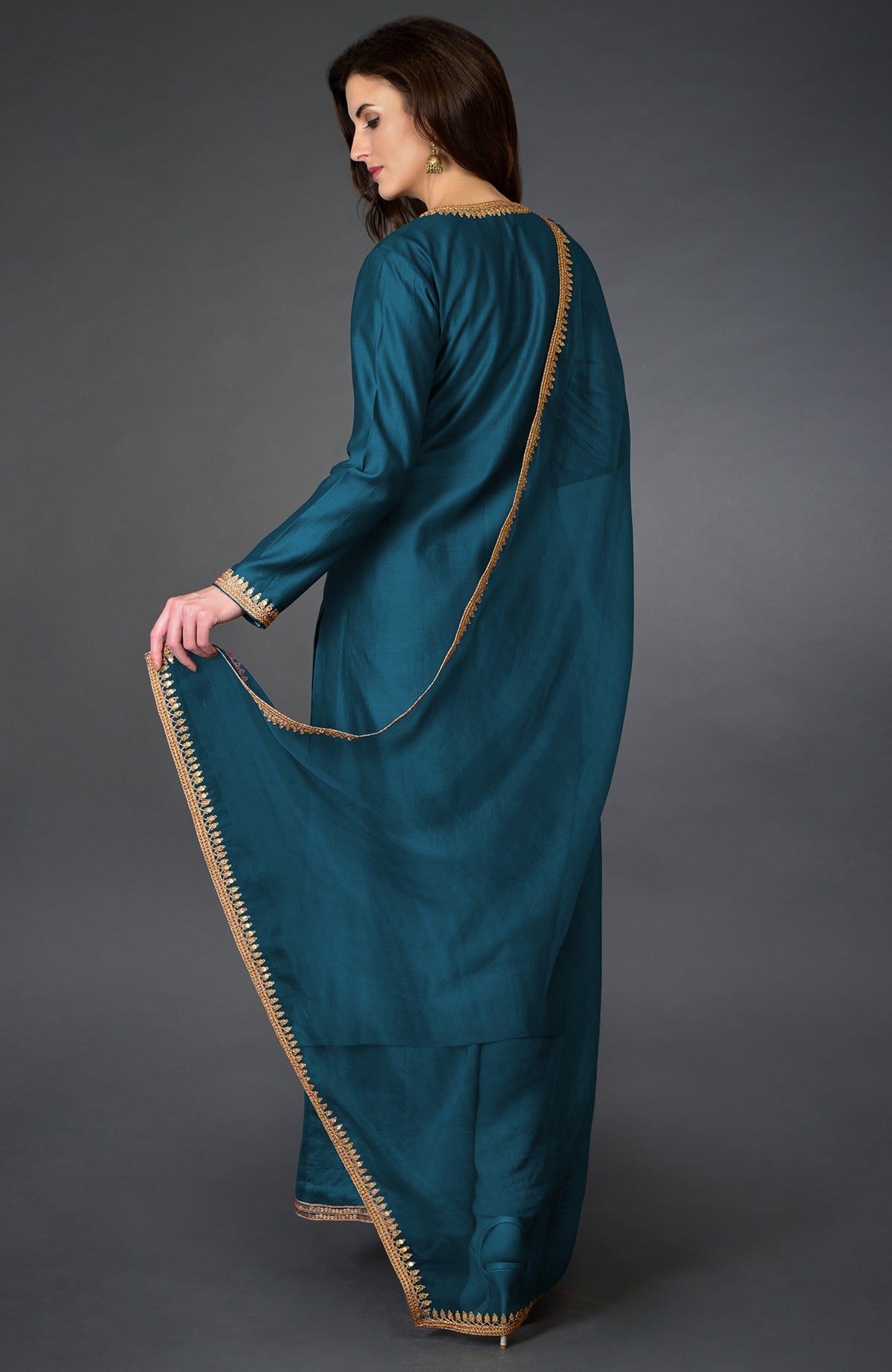 Peacock blue marori and sequin work farshi palazzo suit.