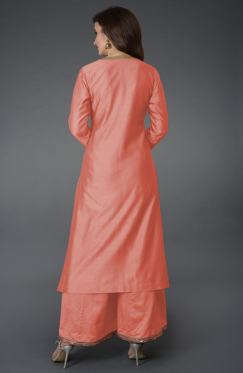 Terracotta Marori and Sequin Work Farshi Palazzo Suit, back view.