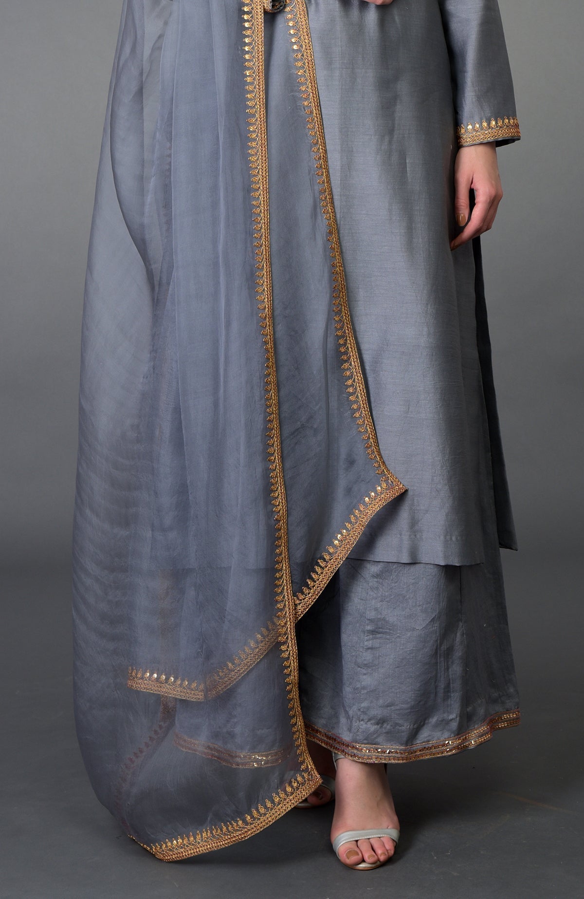 Grey Marori and Sequin Work Farshi Palazzo Suit with a sheer dupatta.