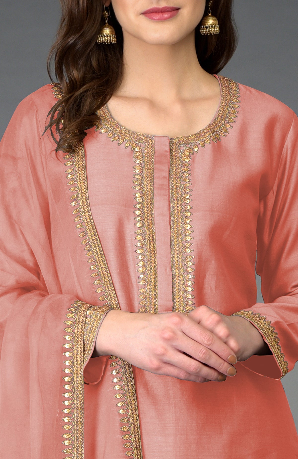 Terracotta Marori and Sequin Work Farshi Palazzo Suit with gold embroidery.