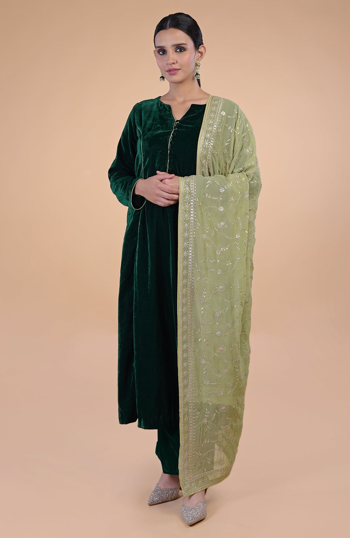 Bog Green Floral Zari and Sequin Embroidered Dupatta with Bottle Green Velvet Suit.