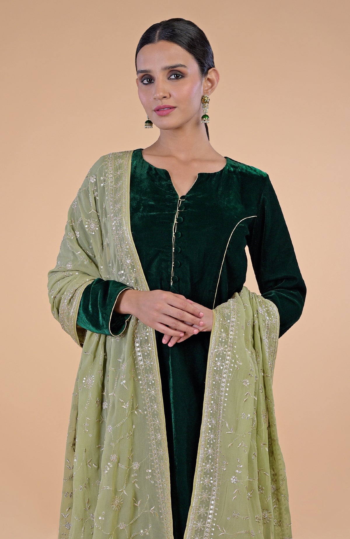 Bog Green Floral Zari and Sequin Embroidered Dupatta with Bottle Green Velvet Suit.