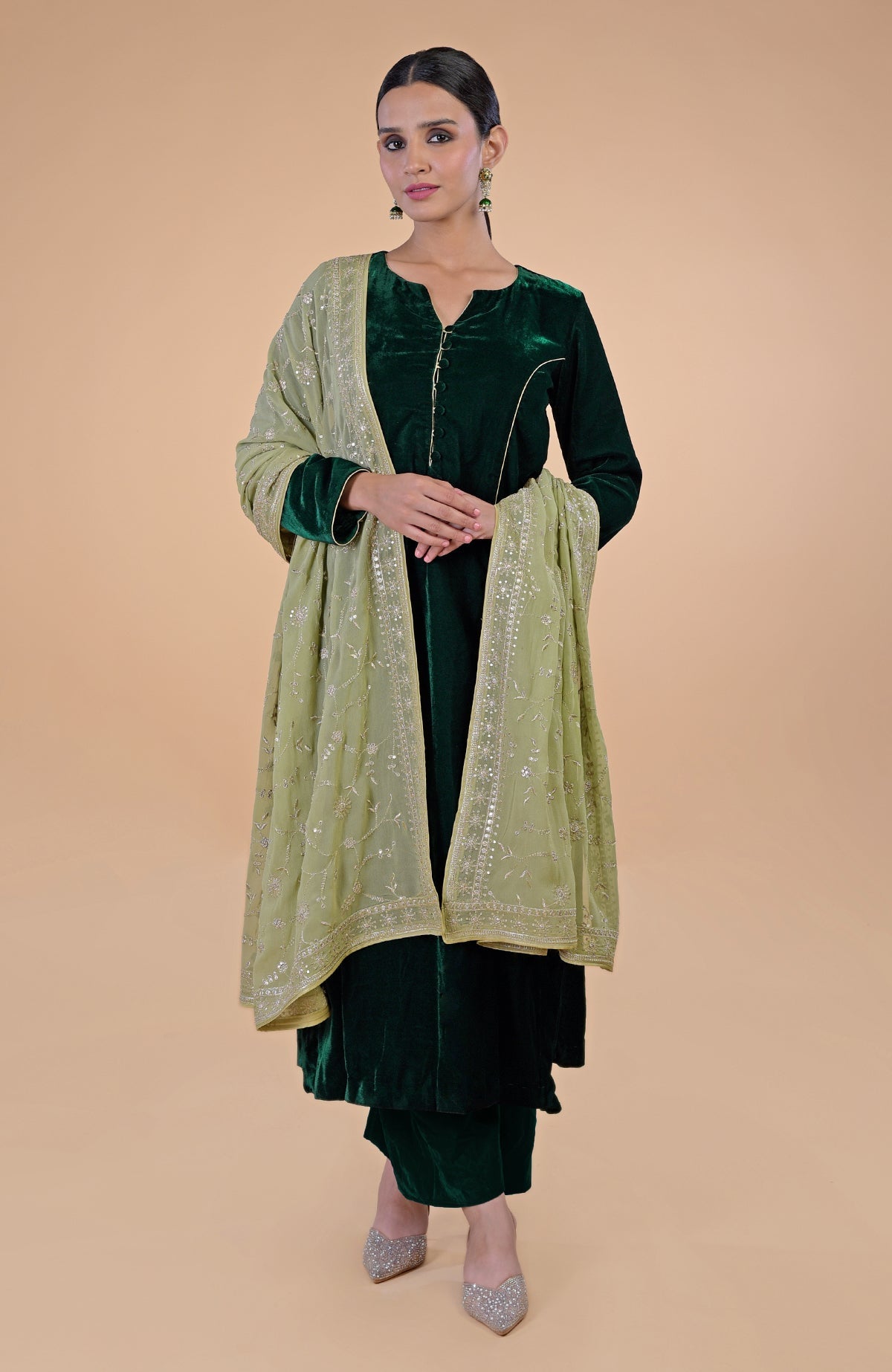 Bog green floral zari and sequin embroidered dupatta with bottle green velvet suit.