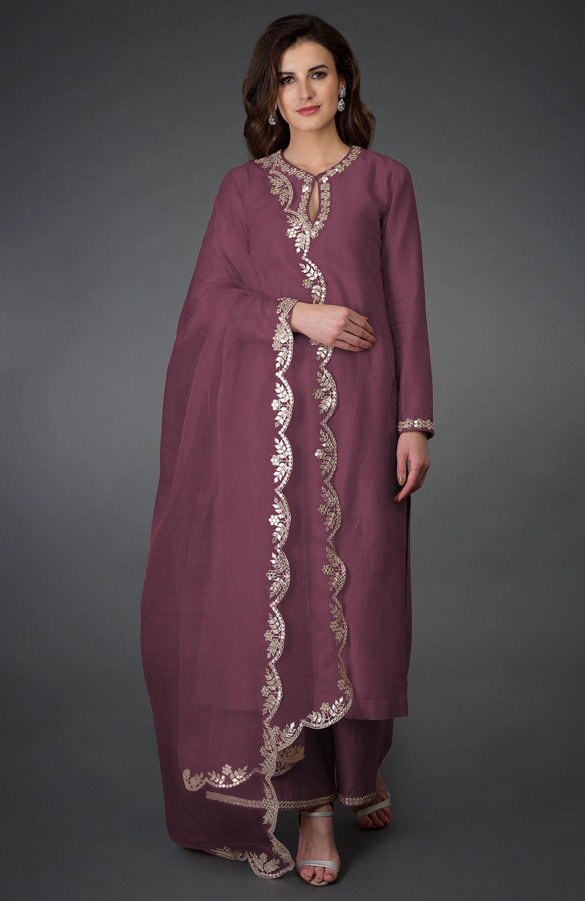 Burgundy purple palazzo suit with gota patti and mirror work.
