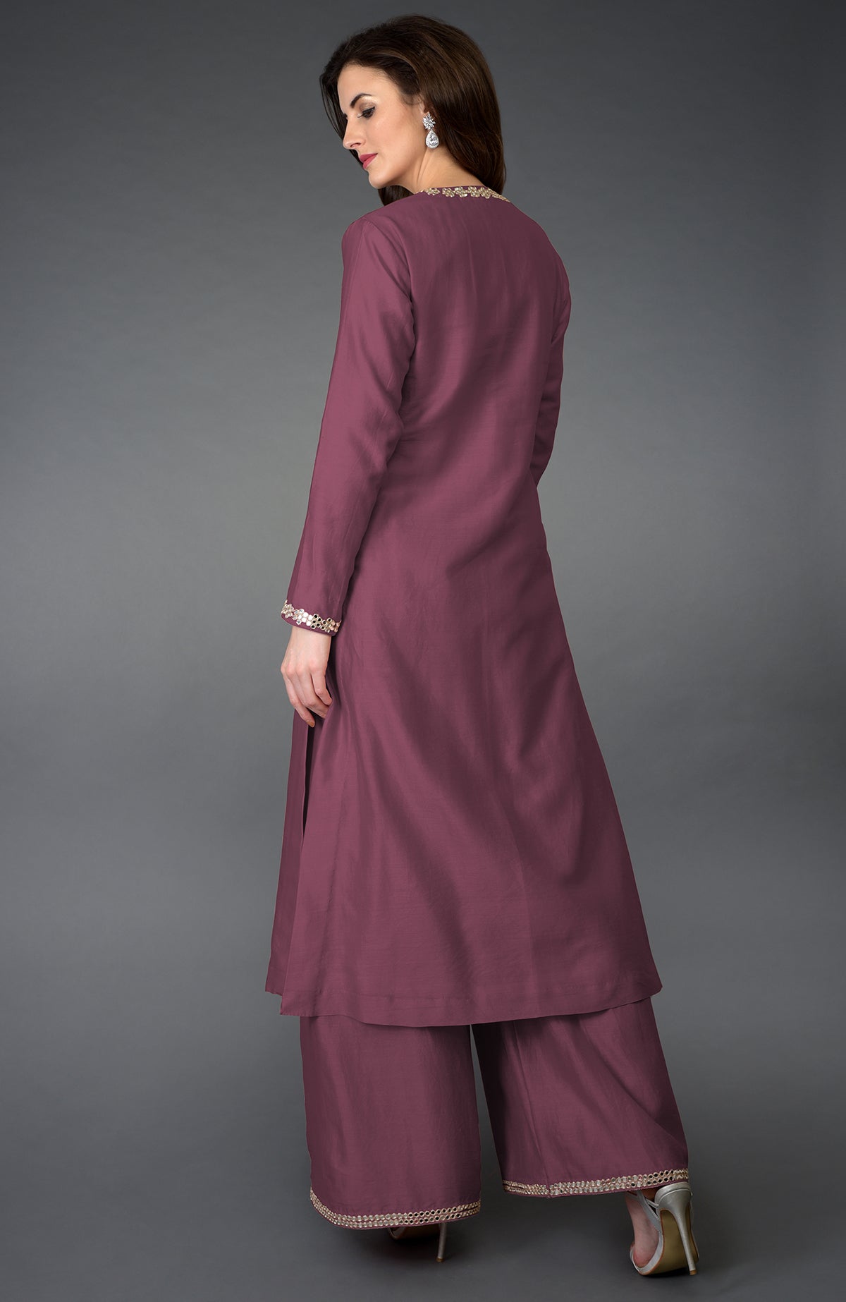 Burgundy purple palazzo suit with gota patti and mirror work.