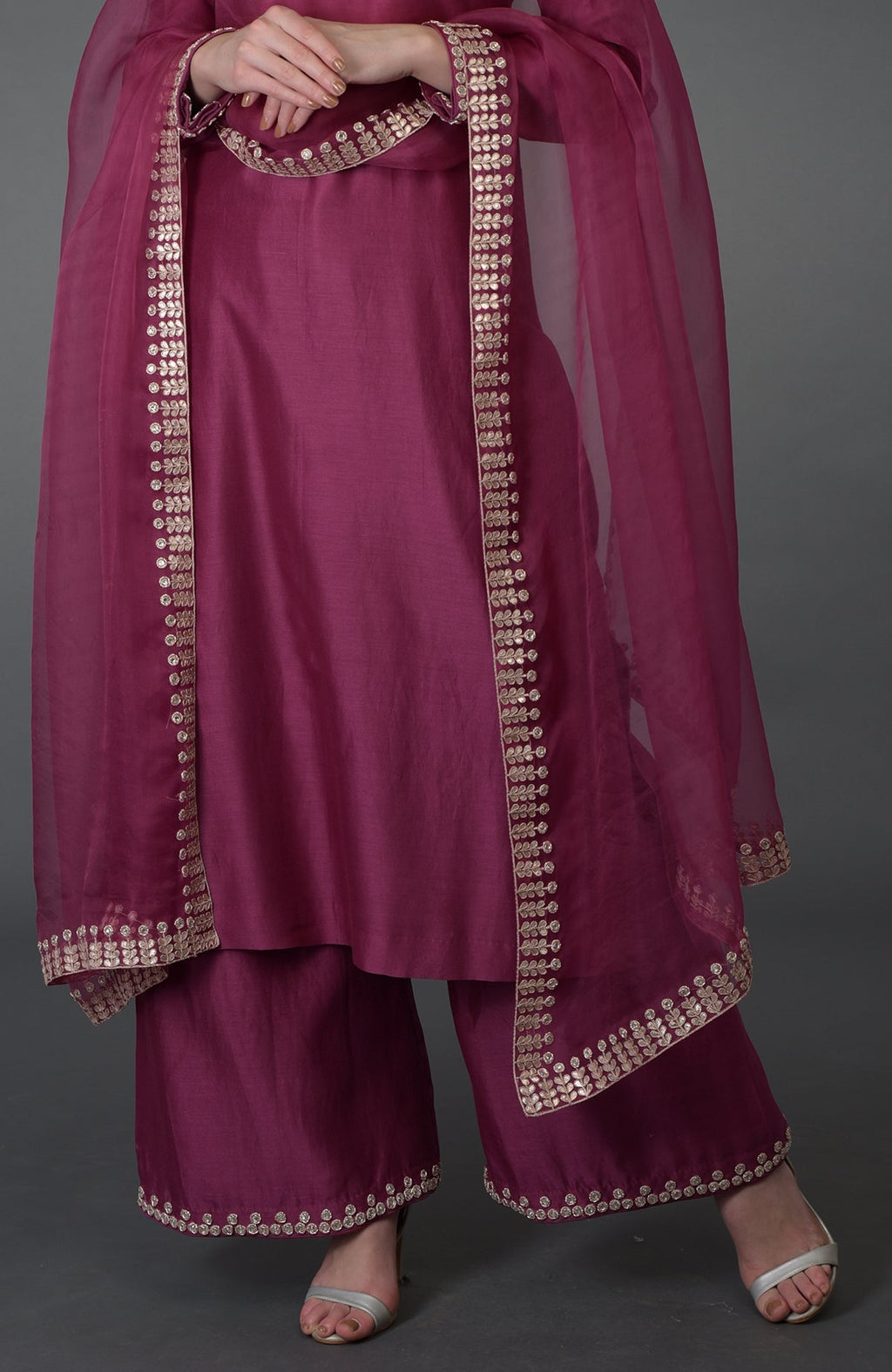 Burgundy Zardozi Gota Patti & Crystal Work Farshi Suit with embroidered borders.