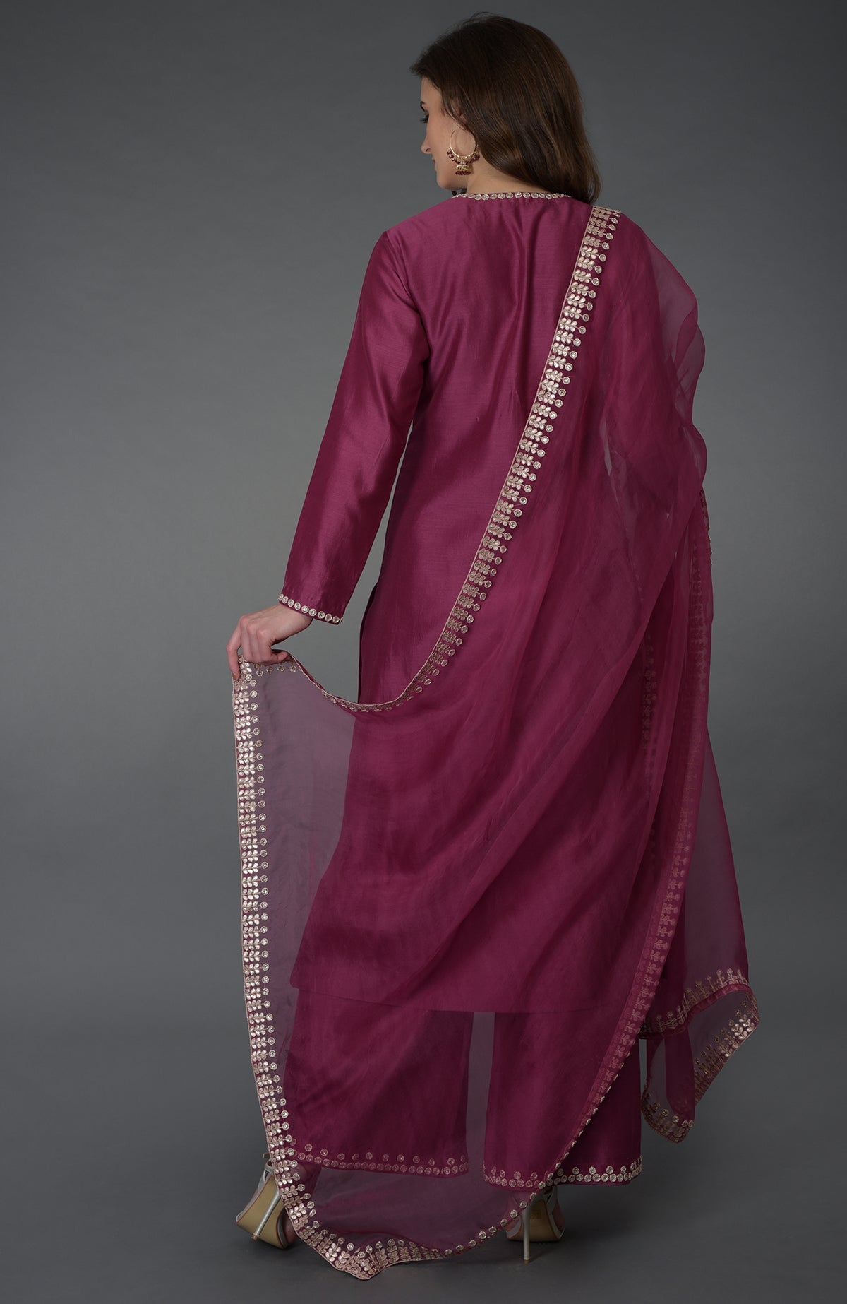 Burgundy Zardozi Gota Patti & Crystal Work Farshi Suit with a sheer dupatta.