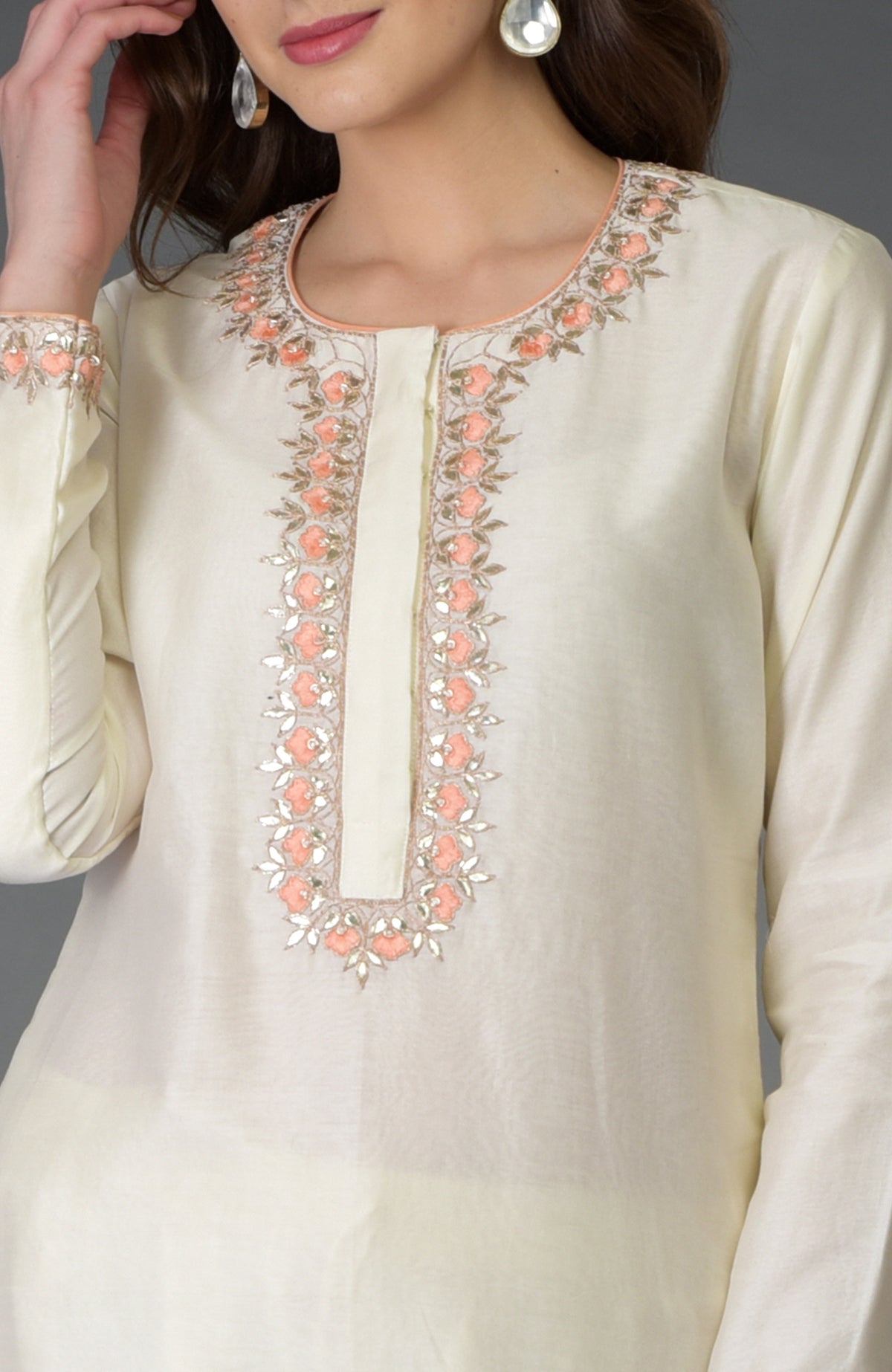 Ivory chanderi kurta with resham, gota patti, and pearl bead embroidery.