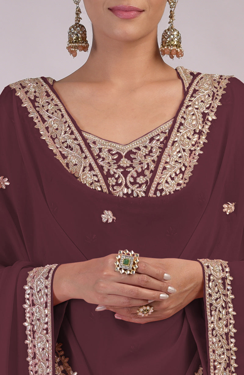 Burgundy kurta set with intricate rose gold marori gota patti and zardozi hand embroidery.