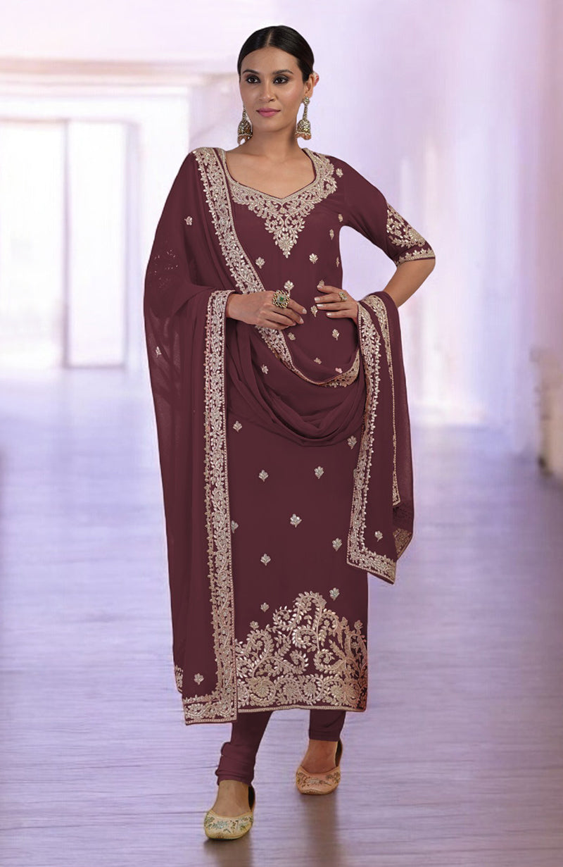 Pink kurta set with rose gold marori gota patti and zardozi embroidery, paired with churidar and dupatta.