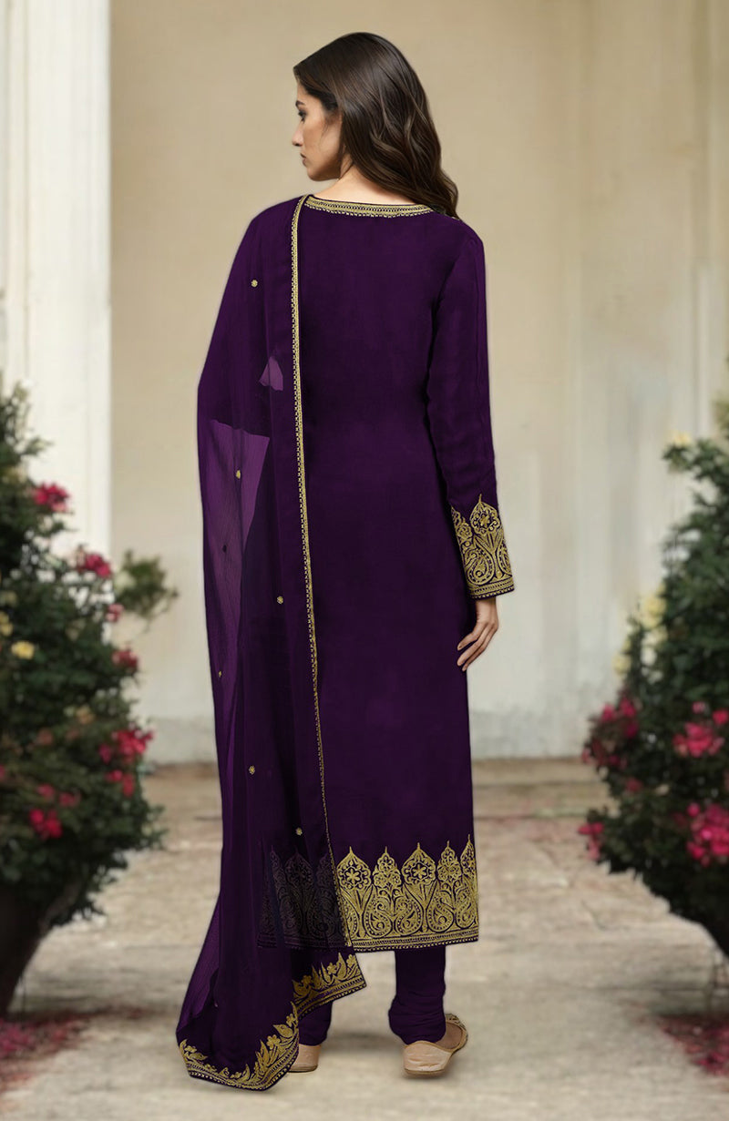Plum gold Kashmiri tilla aari embroidered kurta set with churidar and dupatta.