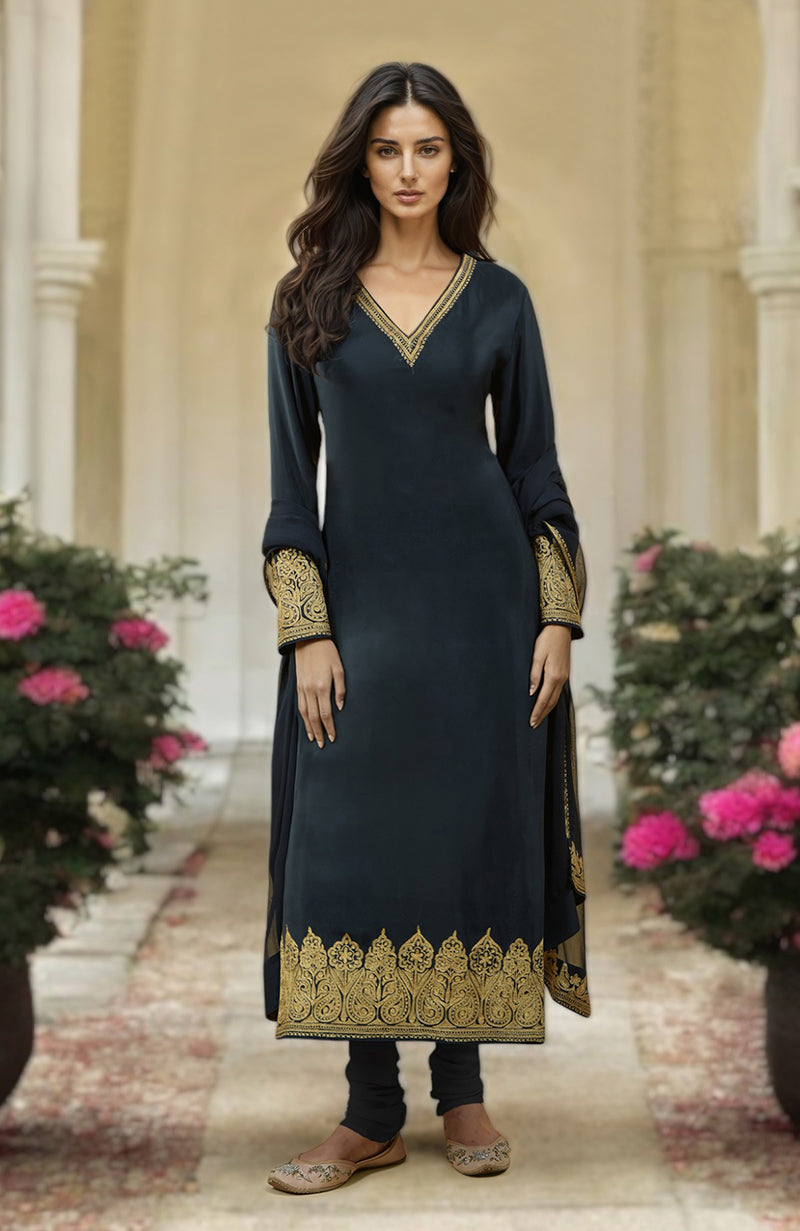 Black gold Kashmiri tilla aari embroidered kurta set with churidar and dupatta.
