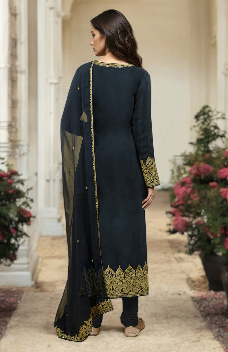 Black gold Kashmiri tilla aari embroidered kurta set with matching dupatta.