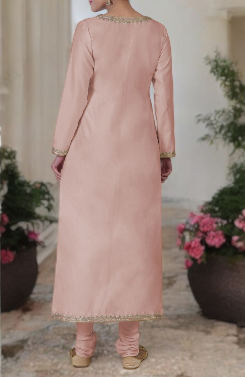 Oyster pink kurta set with gold marori and zardozi hand embroidery.