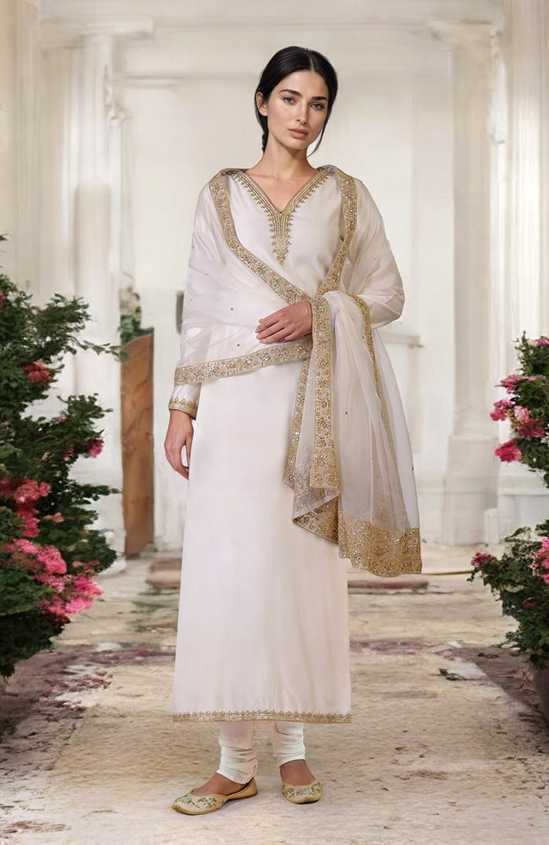 Ivory kurta set with gold marori and zardozi hand embroidery.