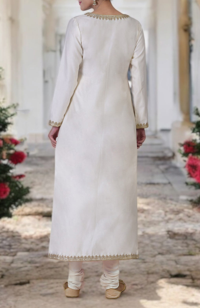 Ivory kurta set with gold marori and zardozi hand embroidery.