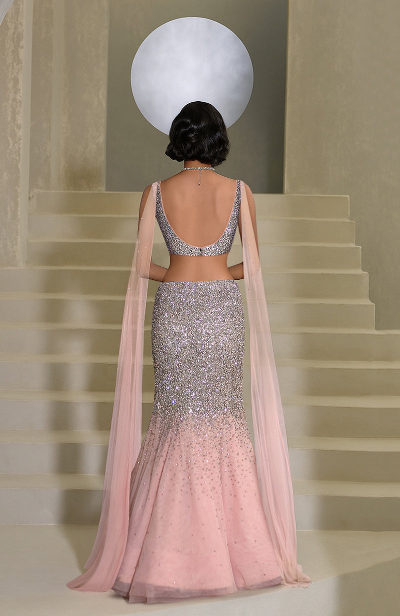 NAIRA- Pink Crystal and Pearls Hand Embroidered Mermaid Lehenga with Cape