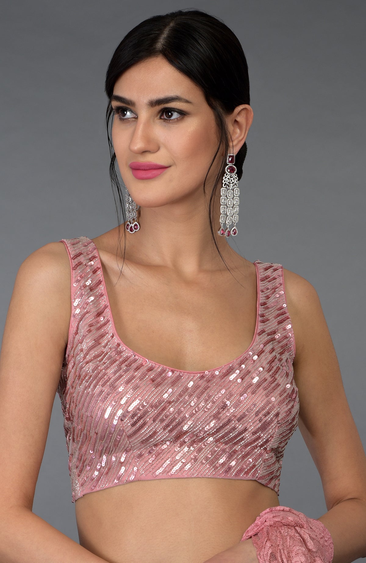 Pressed rose sequin and beads hand embroidered blouse.