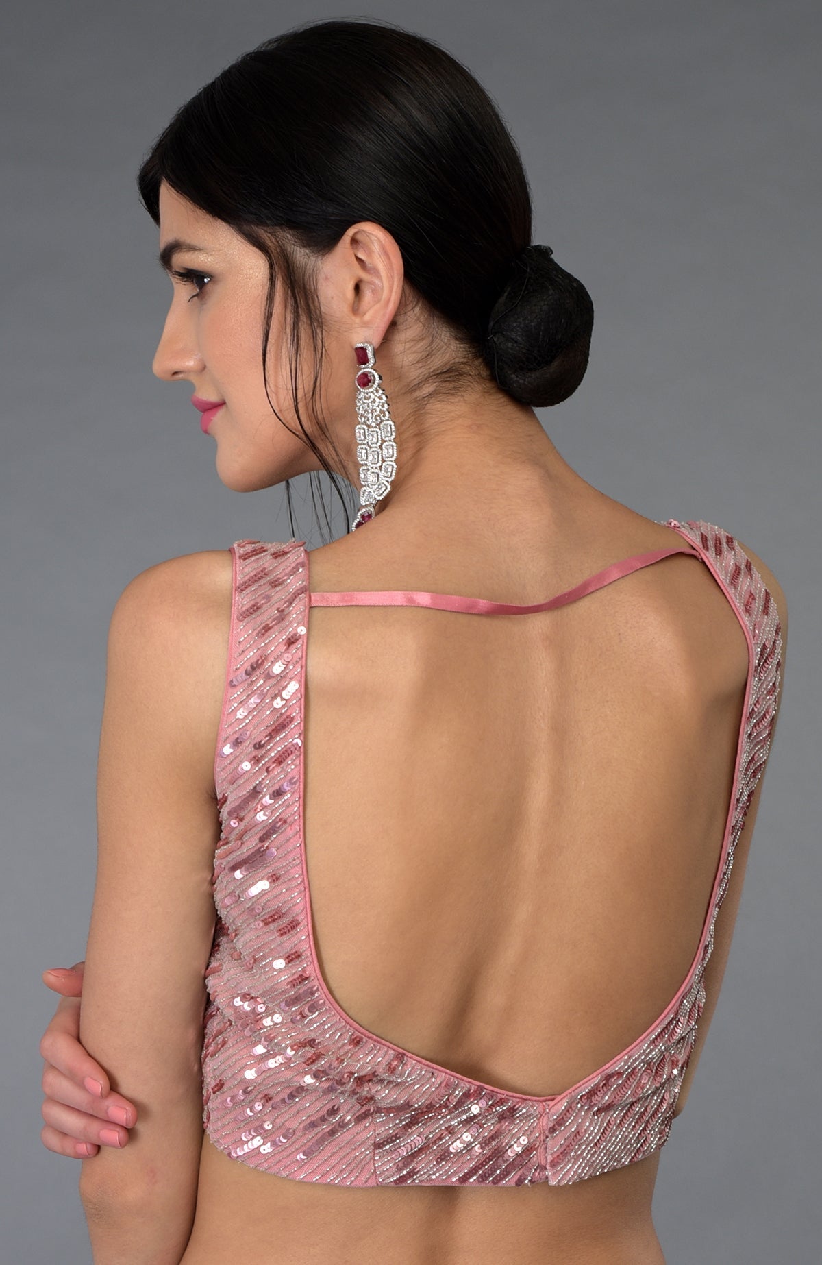 Pressed rose sequin and beads hand embroidered blouse with a deep back.