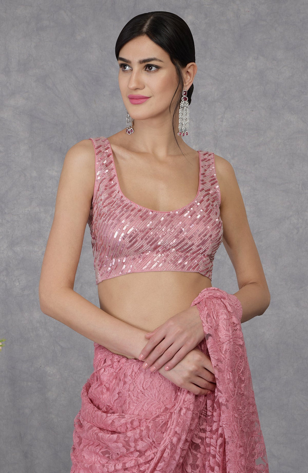 Pressed rose sequin and beads hand embroidered blouse.