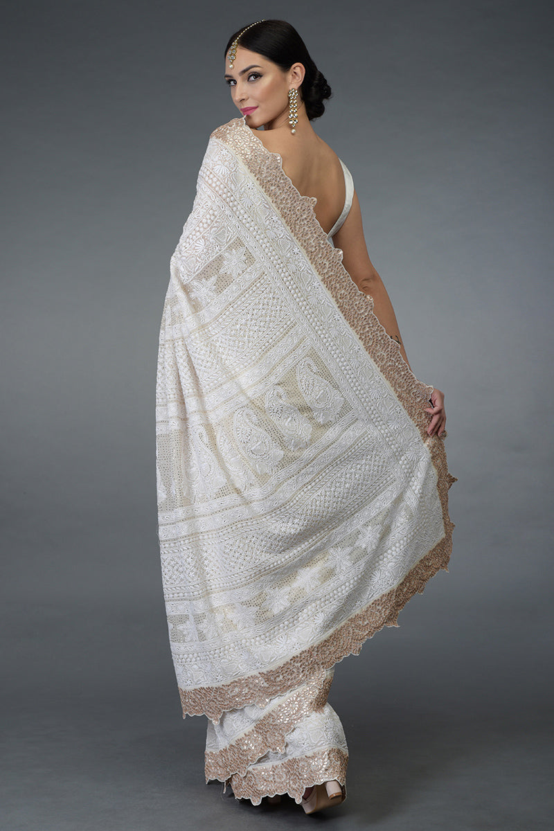 Ivory Georgette saree with hand-embroidered Chikankari and rose gold gota patti borders