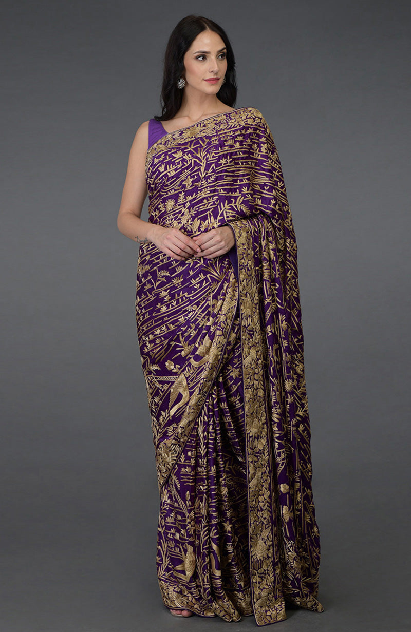 Purple satin silk saree with beige Parsi Gara hand embroidery of birds and flowers