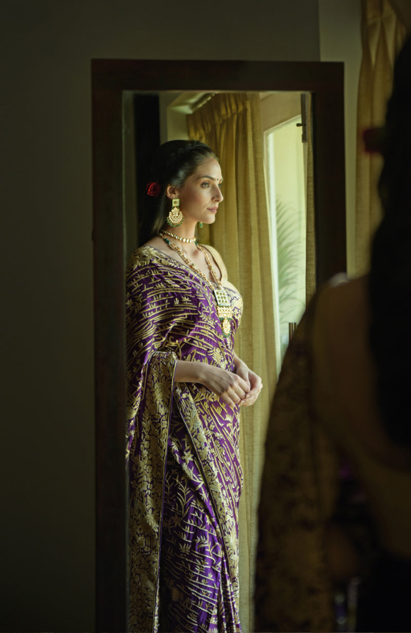 Purple Parsi Gara hand embroidered saree with beige embroidery.