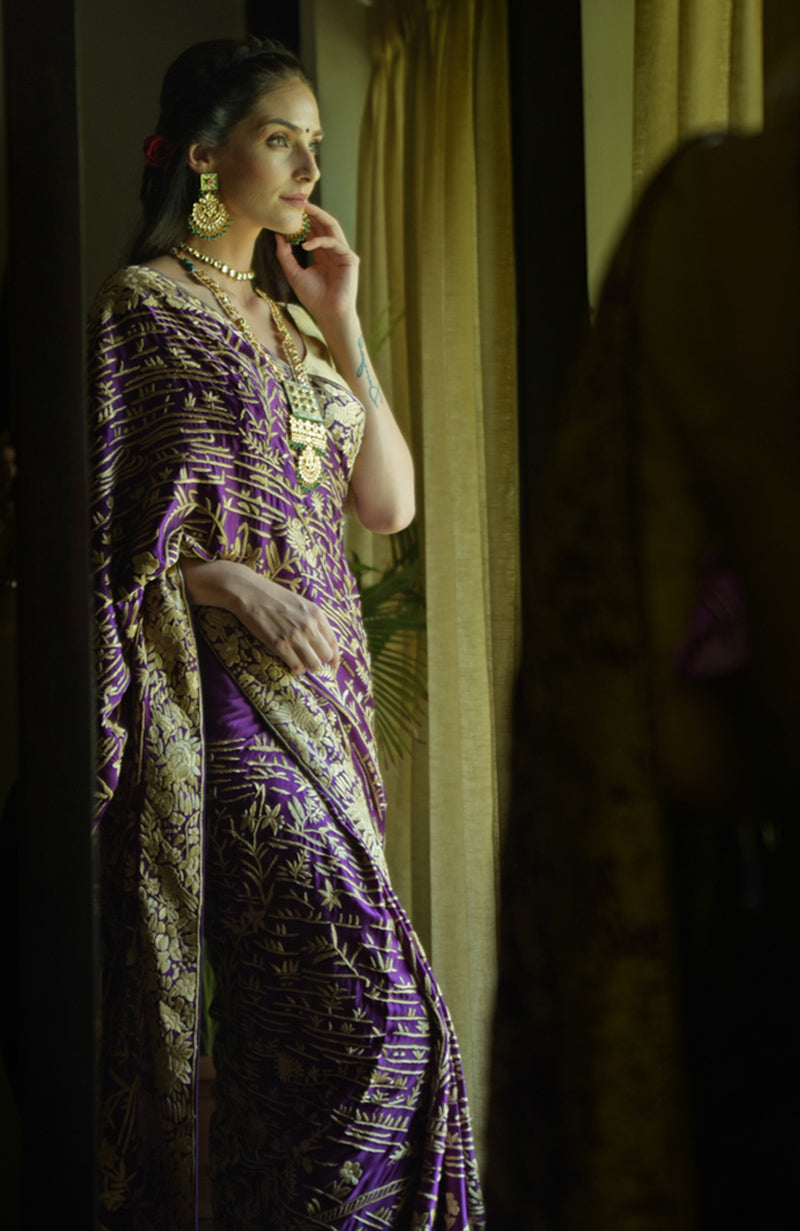 Purple satin silk saree with beige Parsi Gara hand embroidery of birds and flowers