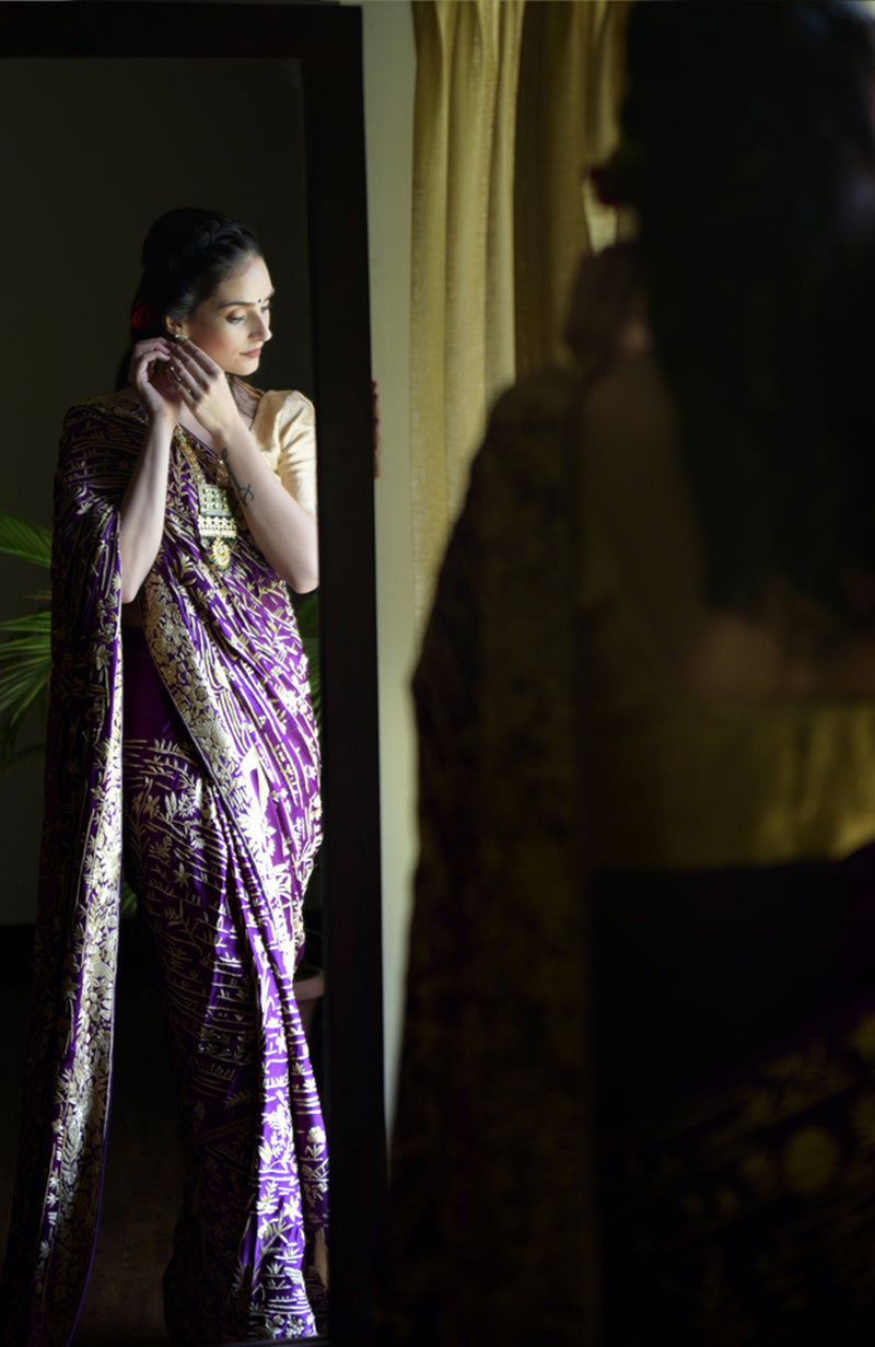 Purple satin silk saree with beige Parsi Gara hand embroidery of birds and flowers