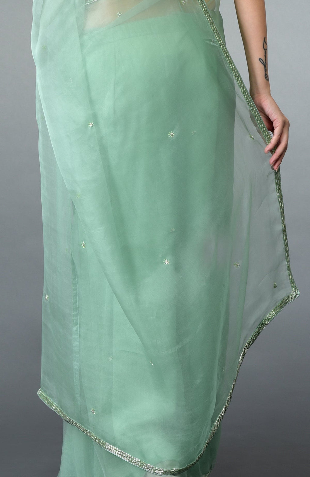 Mint green organza silk saree with embroidered borders and scattered motifs.
