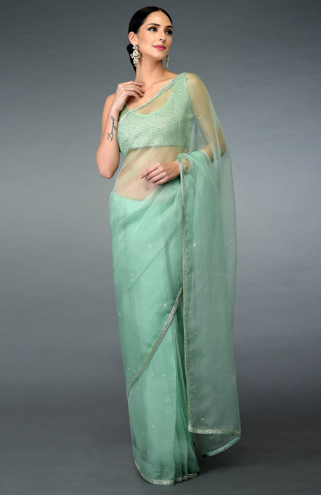 Mint green organza silk saree with a matching embroidered blouse.