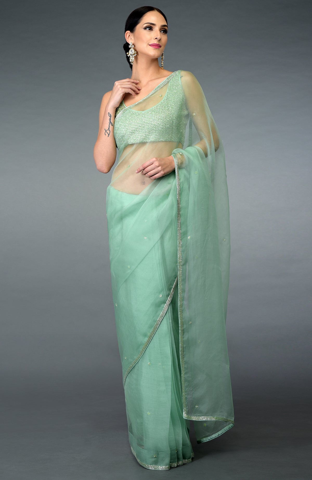Mint green organza silk saree with a matching embroidered blouse.