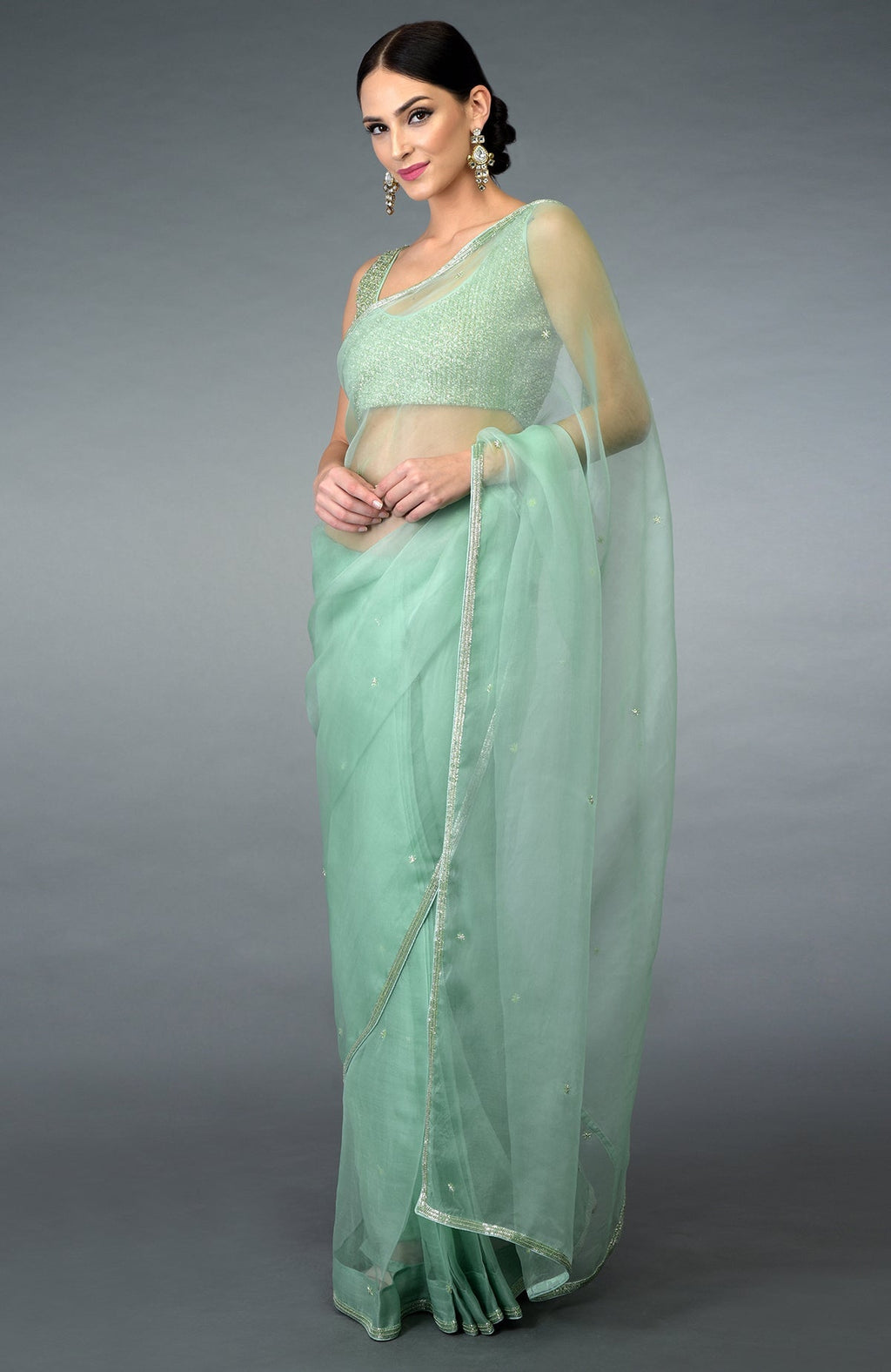Mint green pure organza silk saree with beads and crystal hand embroidery.